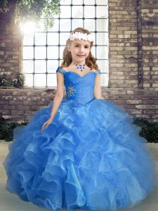 Blue Ball Gowns Beading and Ruching Girls Pageant Dresses Lace Up Organza Sleeveless Floor Length