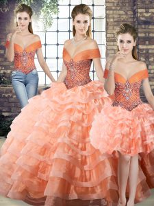 Peach Lace Up Off The Shoulder Beading and Ruffled Layers 15th Birthday Dress Organza Sleeveless Brush Train