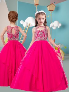 Hot Pink Sleeveless Floor Length Beading Zipper Little Girls Pageant Gowns