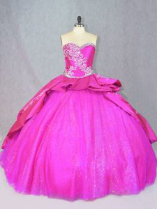 Super Sleeveless Satin and Tulle Court Train Lace Up Ball Gown Prom Dress in Hot Pink with Beading and Embroidery
