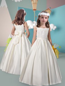 White Scoop Zipper Lace and Bowknot Flower Girl Dresses for Less Sleeveless