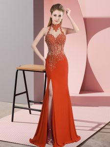 Orange Red Column/Sheath High-neck Sleeveless Chiffon Floor Length Backless Lace and Appliques Prom Dresses