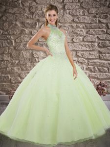 Halter Top Sleeveless Brush Train Lace Up Quinceanera Dresses Yellow Green Tulle