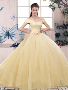 Comfortable Floor Length Lace Up Sweet 16 Quinceanera Dress Champagne for Military Ball and Sweet 16 and Quinceanera with Lace and Hand Made Flower