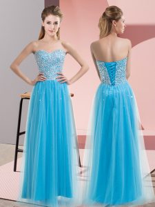 Beading Aqua Blue Lace Up Sleeveless Floor Length