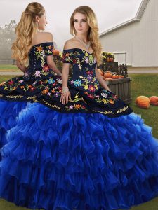 Blue And Black Ball Gowns Embroidery and Ruffled Layers 15th Birthday Dress Lace Up Organza Sleeveless Floor Length