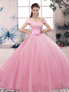 Most Popular Short Sleeves Lace and Hand Made Flower Lace Up Vestidos de Quinceanera