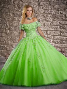 Colorful Short Sleeves Brush Train Lace Up Lace and Appliques Quinceanera Dress