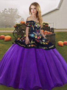 Hot Sale Floor Length Lace Up Vestidos de Quinceanera Purple for Military Ball and Sweet 16 and Quinceanera with Embroidery