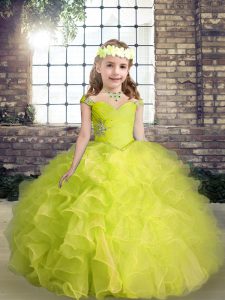 Yellow Green Ball Gowns Straps Sleeveless Organza Floor Length Lace Up Beading and Ruffles Kids Formal Wear