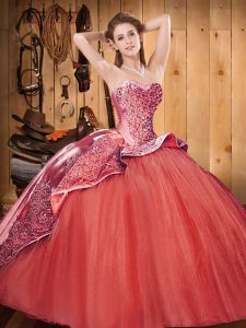 Traditional Rust Red Vestidos de Quinceanera Military Ball and Sweet 16 and Quinceanera with Beading and Embroidery Sweetheart Sleeveless Brush Train Lace Up