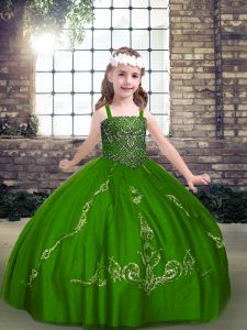 Green Ball Gowns Beading Kids Pageant Dress Lace Up Tulle Long Sleeves Floor Length