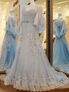Lovely Lace and Appliques and Belt Prom Party Dress Light Blue Lace Up Long Sleeves Court Train