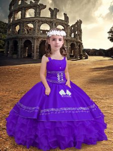 Sleeveless Zipper Floor Length Embroidery and Ruffled Layers Little Girl Pageant Dress