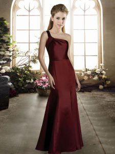 Exquisite Satin One Shoulder Sleeveless Zipper Ruching Vestidos de Damas in Burgundy