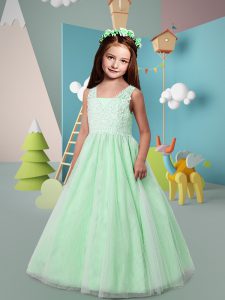 Exceptional Floor Length Apple Green Toddler Flower Girl Dress Straps Sleeveless Zipper
