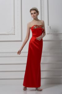 Fancy Sleeveless Satin Ankle Length Lace Up Evening Dress in Red with Beading and Appliques