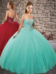 Modest Apple Green Sleeveless Beading Floor Length Quinceanera Dress