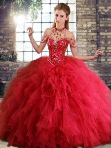 Red Sleeveless Beading and Ruffles Floor Length Quinceanera Gown