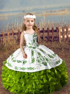 On Sale Olive Green Ball Gowns Organza Straps Sleeveless Embroidery and Ruffles Floor Length Lace Up Winning Pageant Gowns