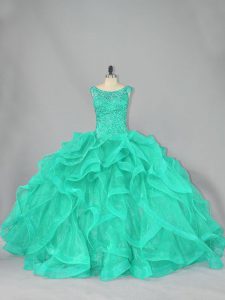 Beading and Ruffles Sweet 16 Dress Turquoise Lace Up Sleeveless Floor Length