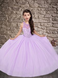 Lavender Ball Gowns Tulle Scoop Sleeveless Beading Lace Up Little Girl Pageant Gowns Sweep Train