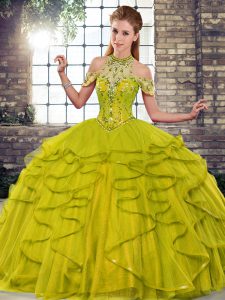 Classical Floor Length Olive Green Quinceanera Dresses Tulle Sleeveless Beading and Ruffles