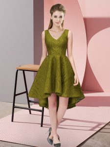 Sleeveless High Low Lace Zipper Bridesmaids Dress with Olive Green