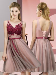 Fitting Knee Length Baby Pink Quinceanera Court Dresses Tulle Sleeveless Appliques