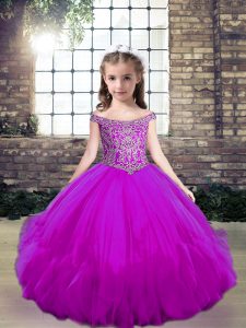 Gorgeous Off The Shoulder Sleeveless Kids Formal Wear Floor Length Beading Fuchsia Tulle