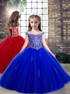 Tulle Sleeveless Floor Length Pageant Gowns For Girls and Beading and Appliques