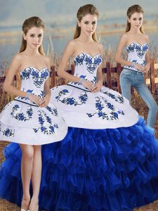 High Class Royal Blue Organza Lace Up Sweetheart Sleeveless Floor Length Ball Gown Prom Dress Embroidery and Ruffled Layers and Bowknot