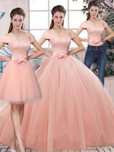 Beautiful Pink Off The Shoulder Neckline Lace and Hand Made Flower Ball Gown Prom Dress Short Sleeves Lace Up
