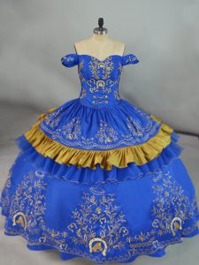 Graceful Floor Length Blue Sweet 16 Dresses Off The Shoulder Sleeveless Lace Up