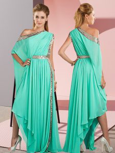 Turquoise Empire Chiffon One Shoulder Sleeveless Sequins Asymmetrical Side Zipper Prom Party Dress