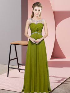 Affordable Olive Green Chiffon Backless Scoop Sleeveless Floor Length Runway Inspired Dress Beading