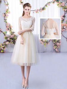 High Class Champagne Half Sleeves Tea Length Lace Lace Up Court Dresses for Sweet 16