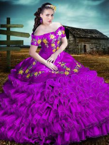 Custom Designed Organza Off The Shoulder Sleeveless Lace Up Embroidery and Ruffles Quinceanera Gown in Purple