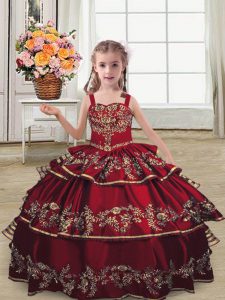 Eye-catching Satin Sleeveless Floor Length Little Girl Pageant Dress and Embroidery and Ruffled Layers