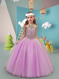 New Arrival Beading Girls Pageant Dresses Lilac Lace Up Sleeveless Sweep Train