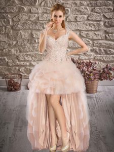 Sumptuous Pink Straps Neckline Beading and Lace and Ruffles Prom Dress Sleeveless Lace Up