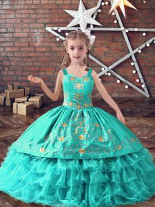 Sleeveless Satin and Organza Floor Length Lace Up Kids Pageant Dress in Turquoise with Embroidery and Ruffled Layers