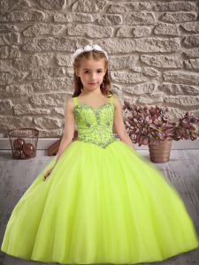Ball Gowns Girls Pageant Dresses Yellow Green Straps Tulle Sleeveless Floor Length Lace Up