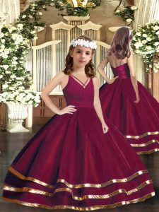 Sleeveless Floor Length Ruffled Layers Zipper Kids Formal Wear with Burgundy