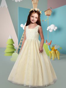 Elegant Light Yellow Zipper Flower Girl Dresses for Less Lace Sleeveless Floor Length