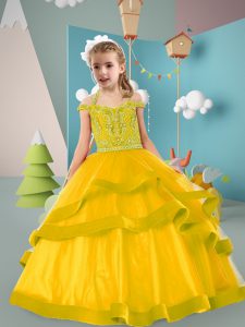 Hot Sale Gold Girls Pageant Dresses Wedding Party with Beading and Ruffled Layers Halter Top Sleeveless Zipper