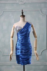 Blue Column/Sheath One Shoulder Sleeveless Taffeta Mini Length Zipper Beading Prom Dresses