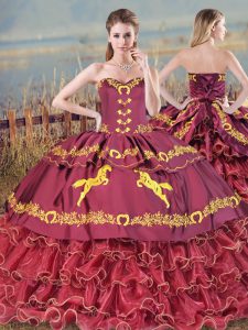 Flirting Satin and Organza Sweetheart Sleeveless Brush Train Lace Up Embroidery and Ruffled Layers Sweet 16 Quinceanera Dress in Burgundy