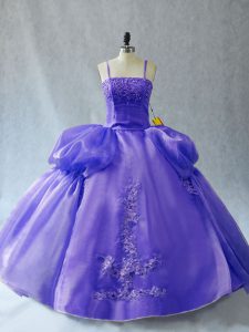 Lavender Ball Gowns Organza Straps Sleeveless Appliques Floor Length Lace Up Sweet 16 Dress