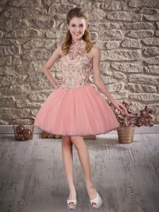 Baby Pink Homecoming Dress Online Prom and Party with Embroidery Halter Top Sleeveless Lace Up